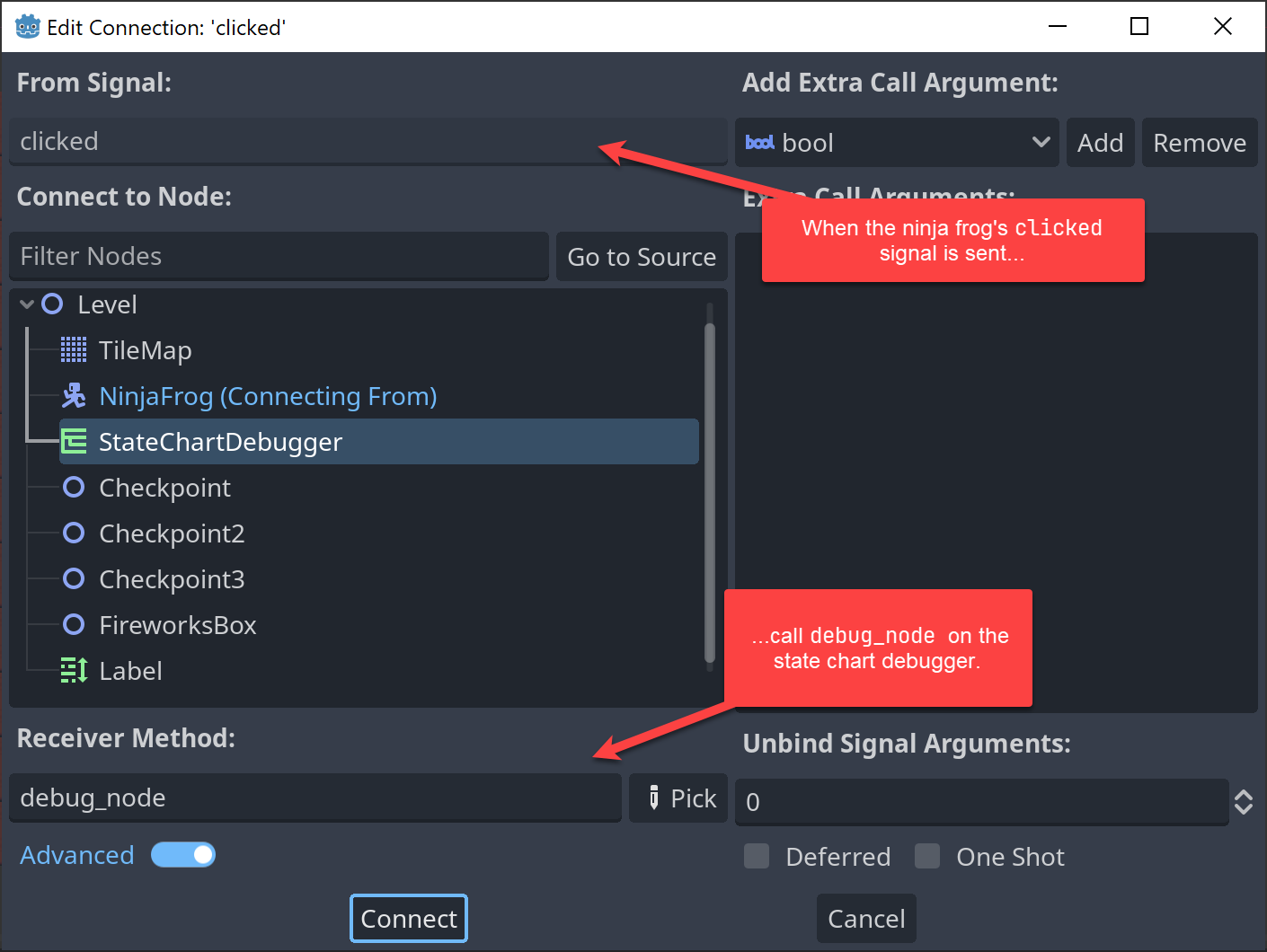 Setting the node to debug with the editor UI.